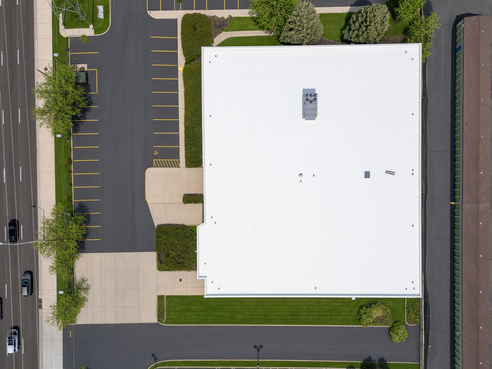 Aerial view of the signed corner elevation