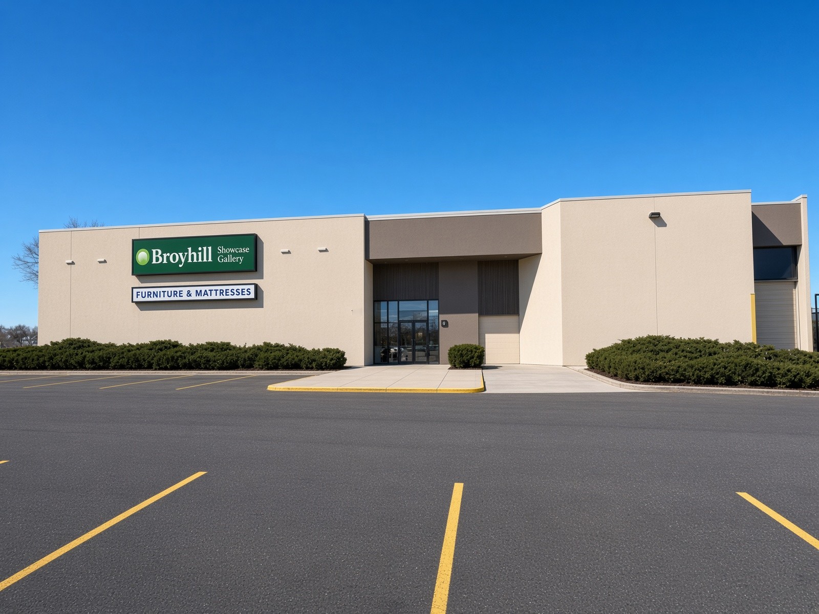 Front elevation and entrance viewed straight on across the parking field.